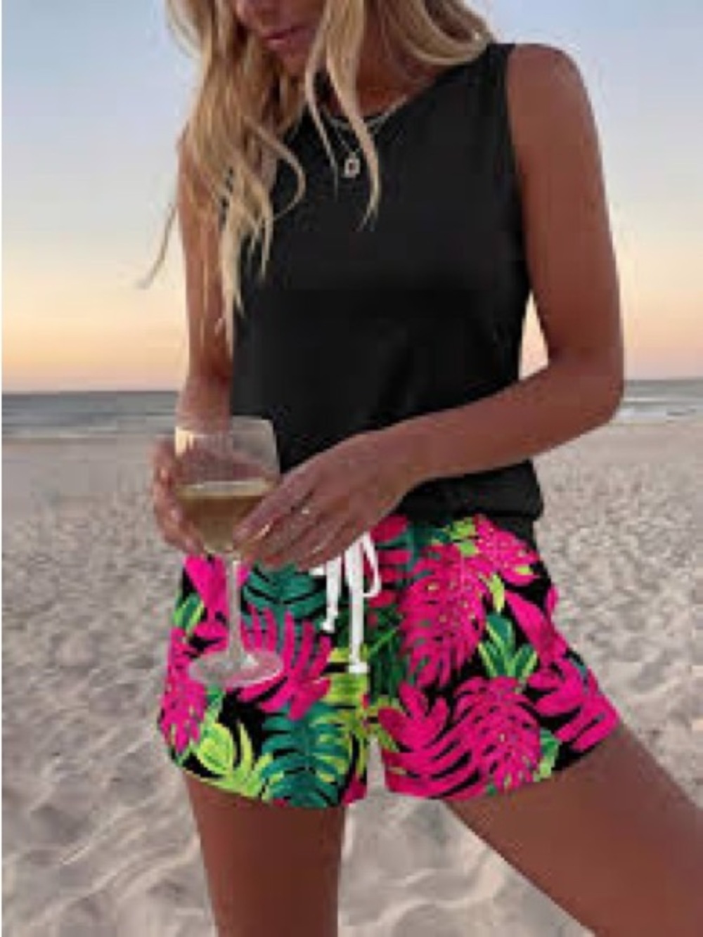 Shein Tropical Floral Beach Shorts - Black / Hot Pink